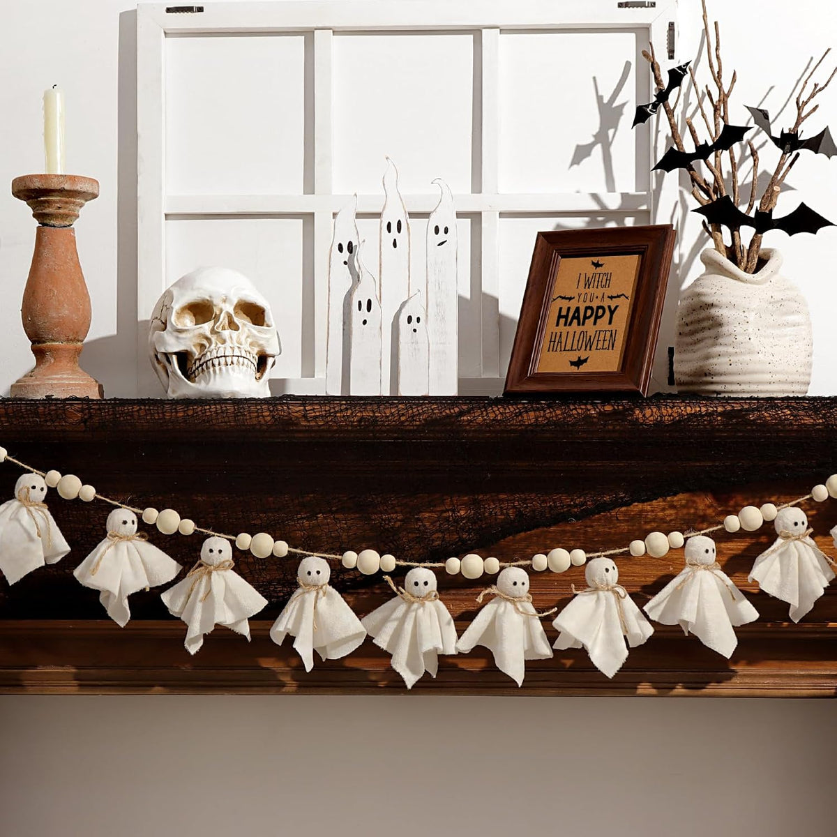 Ghost Halloween Banner: 1Pc White Ghost Halloween Party Banner with Wood Beads, Cute Ghosts Halloween Garland Halloween Banner Decorations for Home Wall Mantel Doorways Front Decor