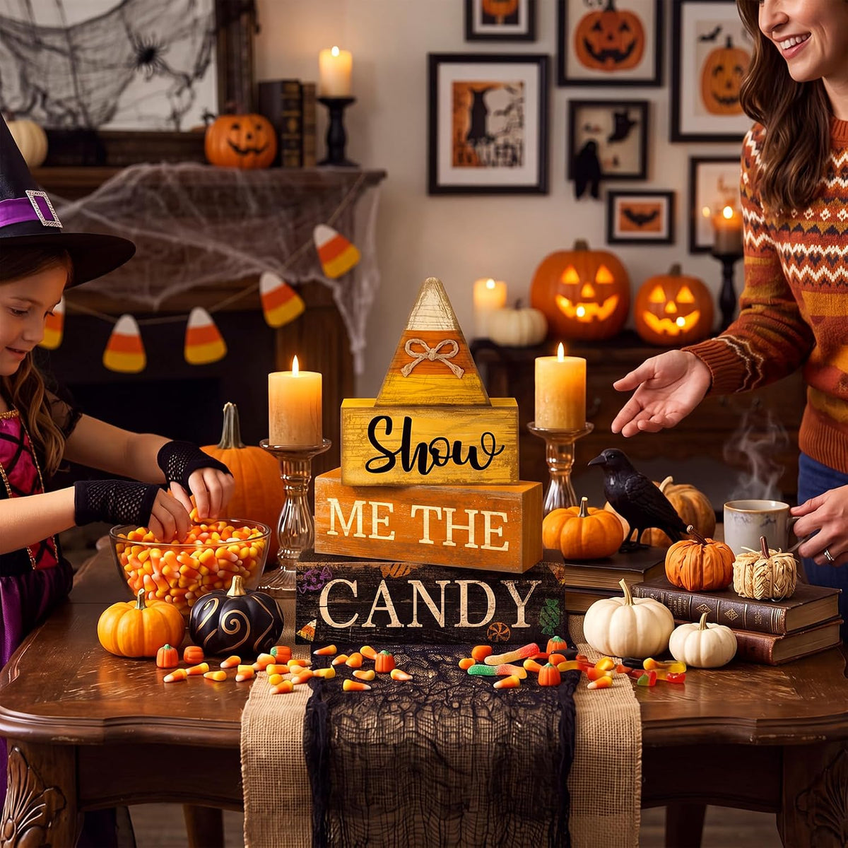 4 Pcs Halloween Table Decoration Candy Corn Wooden Stacked Block, "Show Me the Candy" Signs with Candys Corn Topper, Halloween Tiered Tray Decor Rustic Fall Decor for Home Office Kitchen