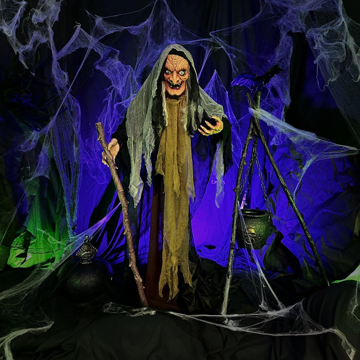 Life-Size Scary Poseable Talking Witch, Halloween Animatronic with Touch Activated Lights and Sound, Battery Operated Indoor or Covered Outdoor Halloween Decorations, Halloween Prop