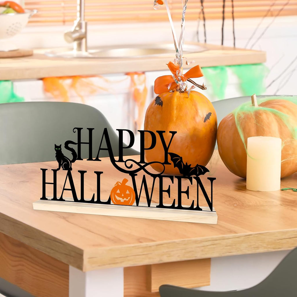 Metal Happy Halloween Sign, Black Halloween Decorations for Home, Office, Shelf, Mantel, Indoor, Jack-O-Lantern Decoration, Spooky Cat Bat Decor (Halloween)
