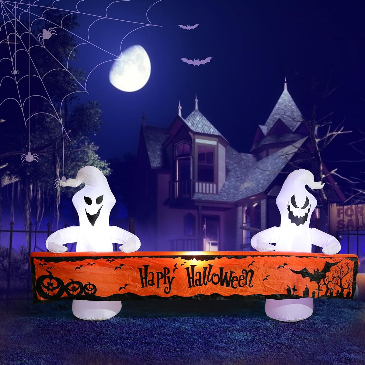 8 Ft Long Inflatable Outdoor Halloween Decoration, Inflatables Ghost with Happy Halloween Decorations Blow up with Built-In LED Lights for Yard Party Holiday Garden Decor