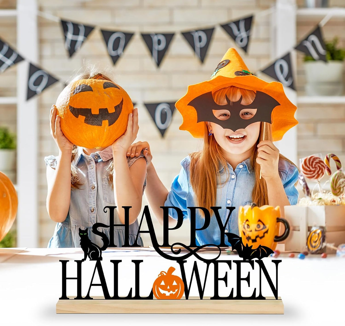 Metal Happy Halloween Sign, Black Halloween Decorations for Home, Office, Shelf, Mantel, Indoor, Jack-O-Lantern Decoration, Spooky Cat Bat Decor (Halloween)