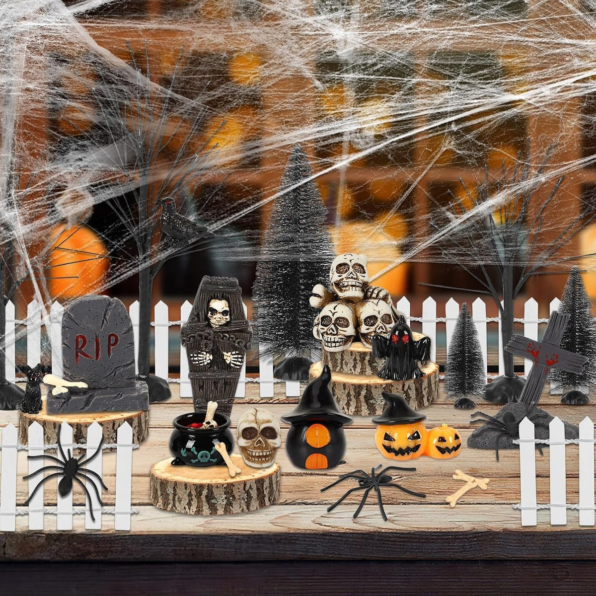 30 Pcs Halloween Village Ornaments Accessories Set, Halloween Haunted Houses Black Trees Mini Pumpkins Black Cat Crows Coffin Fake Bones Skeletons for Town Party Table Decorations